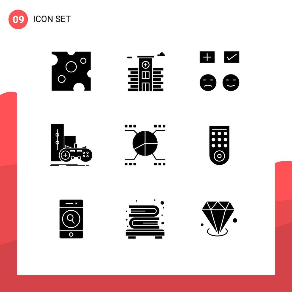 användare gränssnitt packa av 9 grundläggande fast glyfer av Diagram spela Lycklig joystick spel redigerbar vektor design element