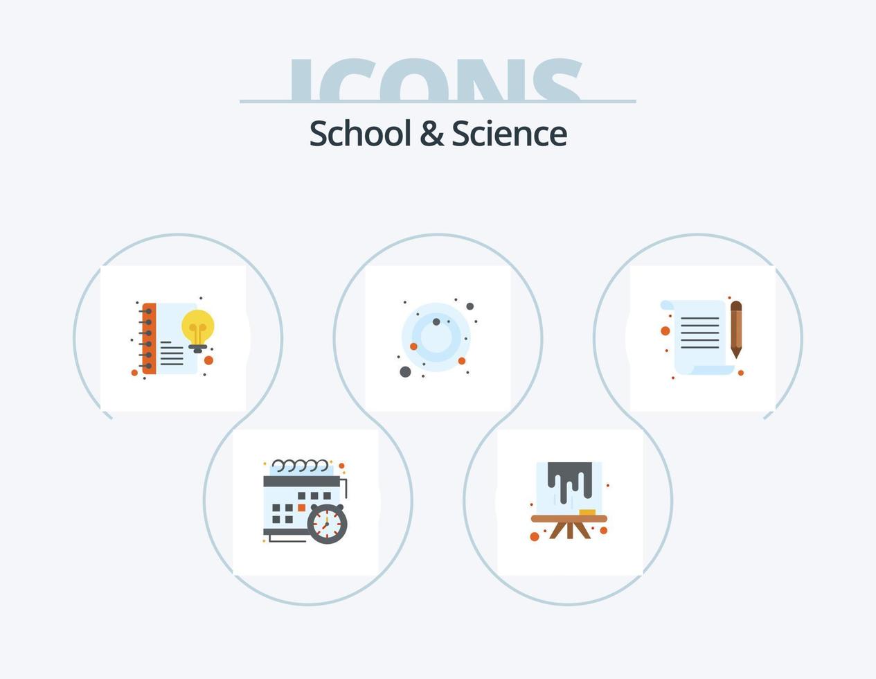 skola och vetenskap platt ikon packa 5 ikon design. anteckningar. innehåll. planeter. astronomi vektor