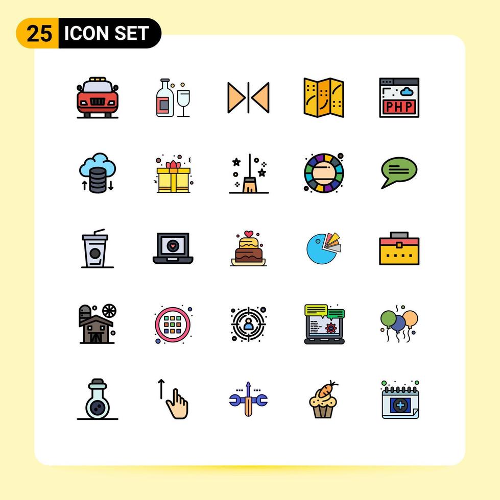Packung mit 25 modernen, gefüllten Linien, flachen Farben, Zeichen und Symbolen für Web-Printmedien wie Cloud-Netzwerkprogramm, horizontaler PHP-Standort, editierbare Vektordesign-Elemente vektor