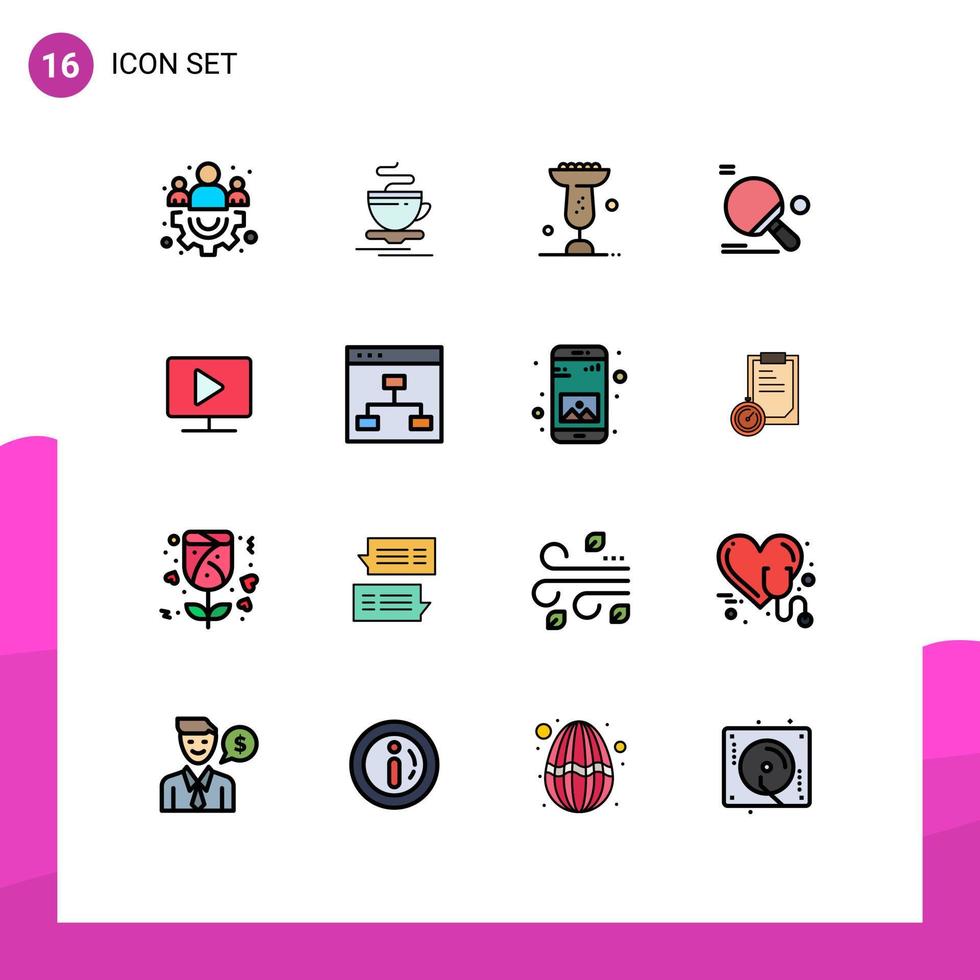 Gruppe von 16 flachen, farbgefüllten Linien Zeichen und Symbole für Computerballessen Tischtennissport editierbare kreative Vektordesignelemente vektor