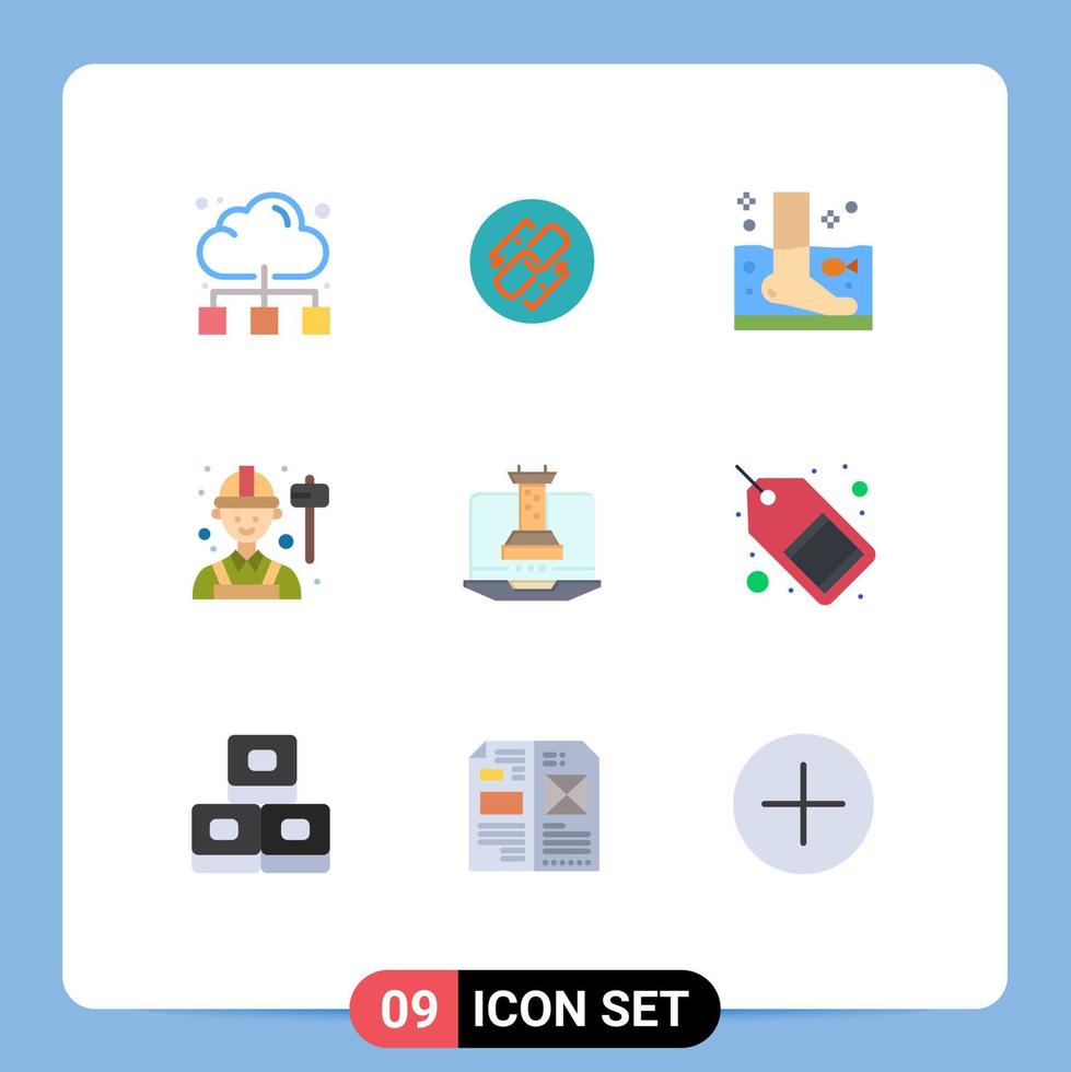 uppsättning av 9 vektor platt färger på rutnät för arbetskraft ingenjör länk anställd terapi redigerbar vektor design element