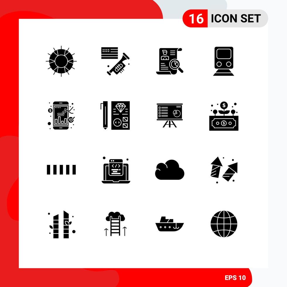 Solides Glyphenpaket mit 16 universellen Symbolen für Transportbahn American Rail Job editierbare Vektordesign-Elemente vektor