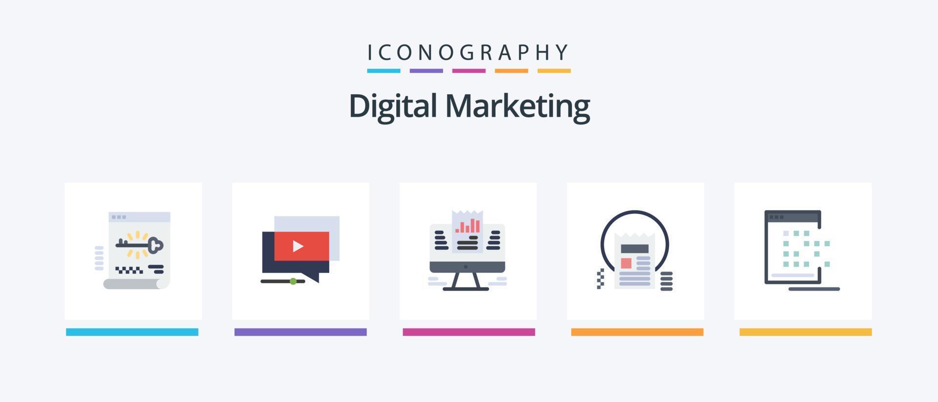 digital marknadsföring platt 5 ikon packa Inklusive artikel. dokumentera. video. data. bärbar dator. kreativ ikoner design vektor