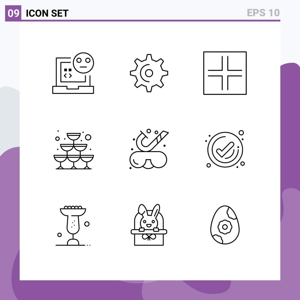 Mobile Interface Outline Set von 9 Piktogrammen von Brillen Party Zähne Weinglas editierbare Vektordesign-Elemente vektor
