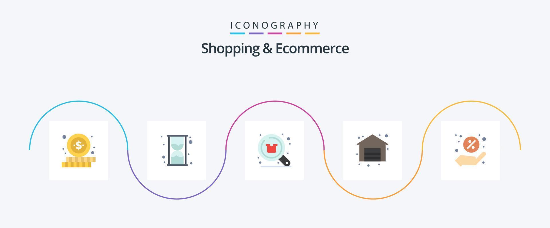Shopping und E-Commerce Flat 5 Icon Pack inklusive Shopping. Rabatt. Rabatt. Verkauf. Laden vektor