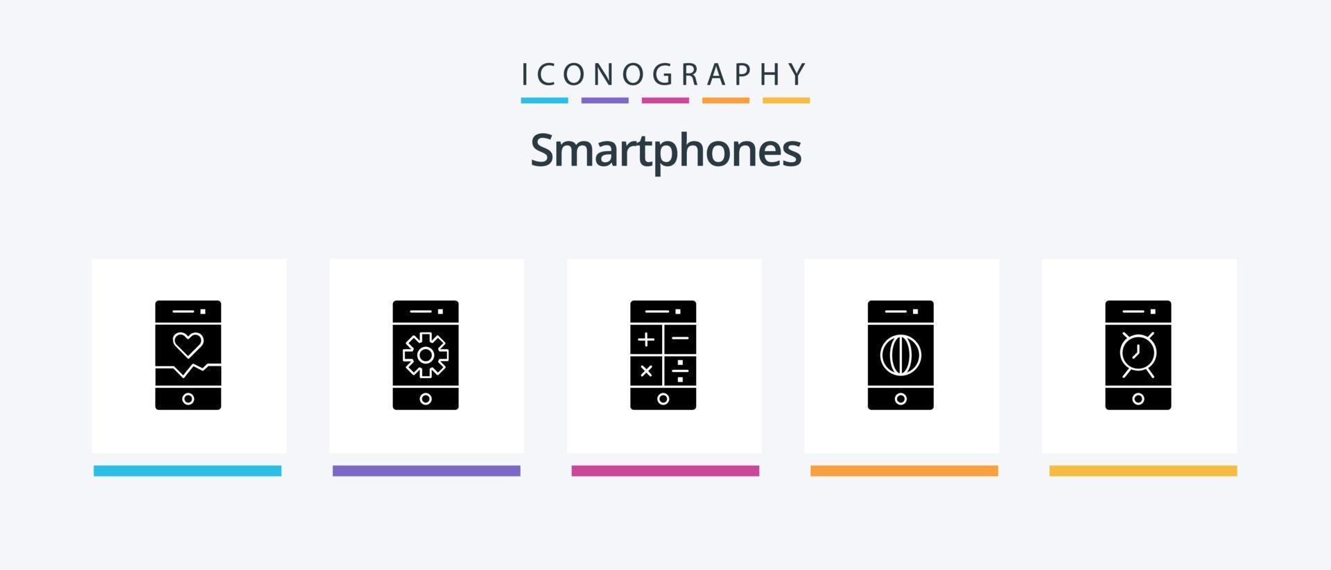 smartphones glyf 5 ikon packa Inklusive larm. internet. smartphone. elektronik. teknologi. kreativ ikoner design vektor