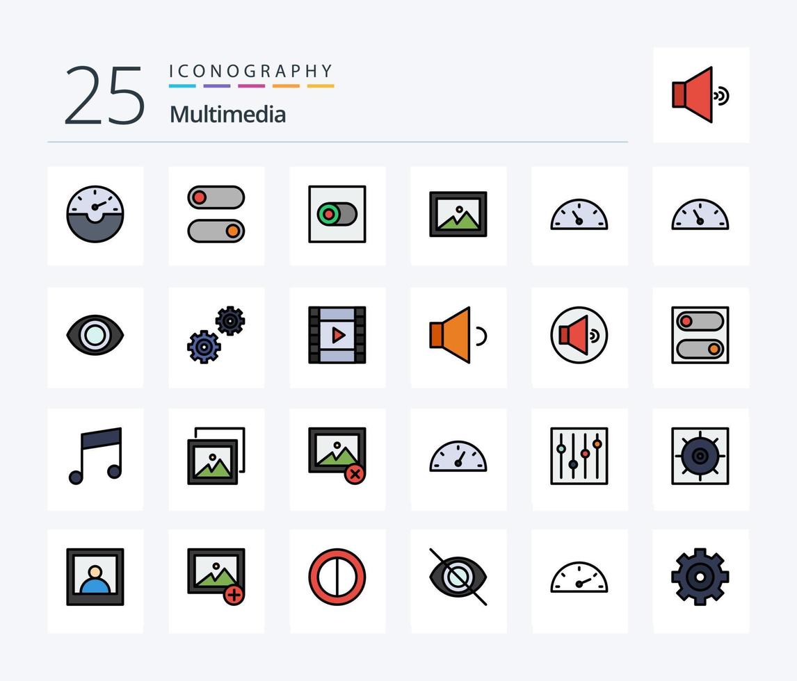 Multimedia-Icon-Pack mit 25 Zeilen gefüllt, einschließlich Film. Getriebe. Foto. steuert. Auge vektor