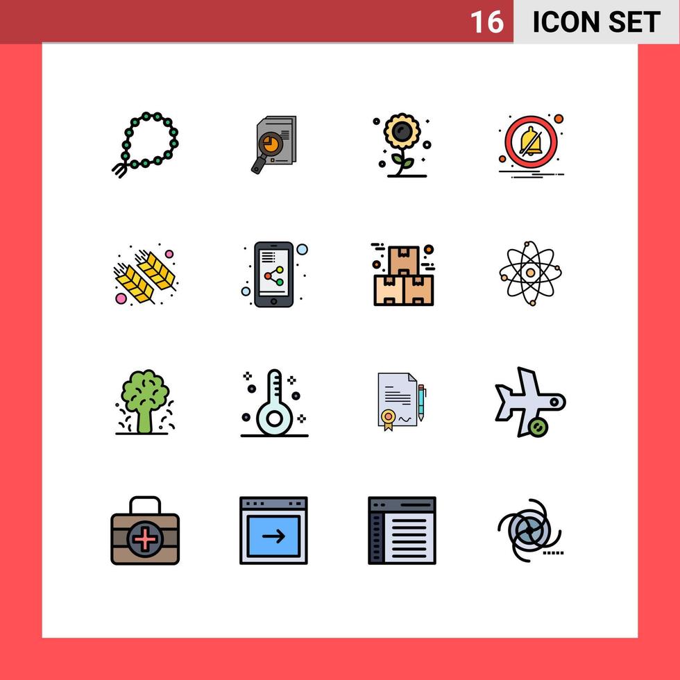 Piktogrammsatz aus 16 einfachen, flachen, farbgefüllten Linien der Benachrichtigung Sonnenblumenanalytik Pflanzenzucht editierbare kreative Vektordesign-Elemente vektor