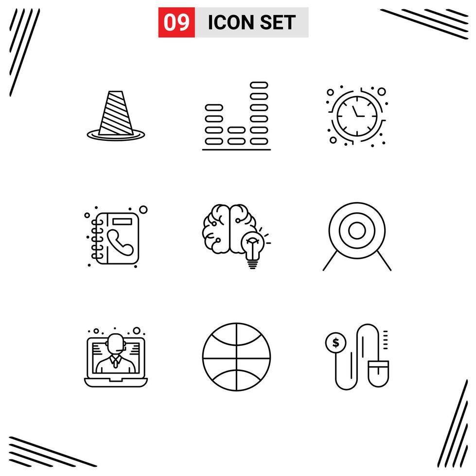 Stock Vector Icon Pack mit 9 Zeilenzeichen und Symbolen für Telefonbuchverzeichnis Musikbuch Geld editierbare Vektordesign-Elemente
