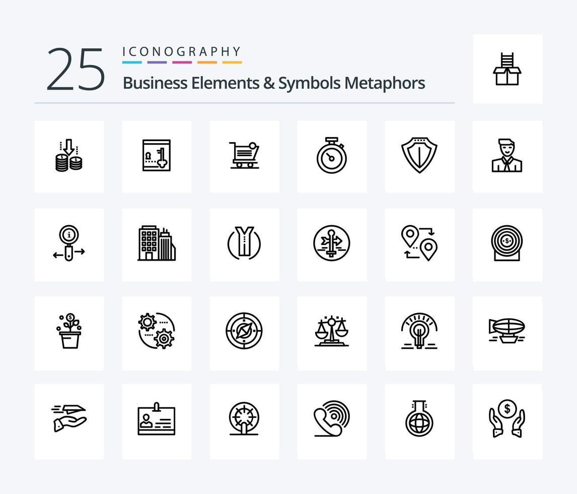 företag element och symboler metaforer 25 linje ikon packa Inklusive sköld. Kolla på. vagn. stoppur. Lagra vektor