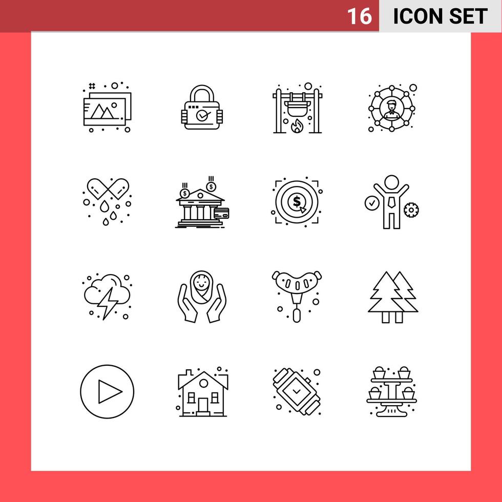 moderner Satz von 16 Umrissen und Symbolen wie Pillen teilen Lagerfeuer soziale Netzwerkverbindungen editierbare Vektordesign-Elemente vektor