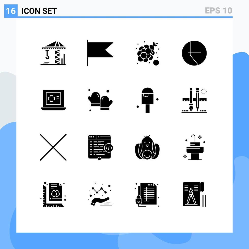 uppsättning av 16 vektor fast glyfer på rutnät för bakad medicinsk frukt bärbar dator finansiera redigerbar vektor design element