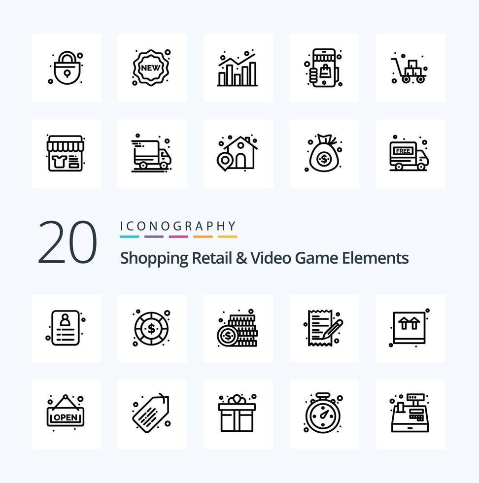 20 Shopping-Einzelhandels- und Videospielelemente-Line-Icon-Pack wie Board-Shopping-E-Commerce-Paketbox vektor