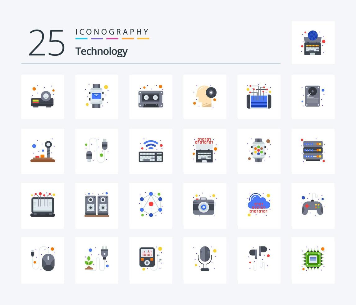 technologie 25 flache farbsymbolpakete einschließlich telefon. Schaltkreis. Kassette. Produktivität. Gehirn vektor