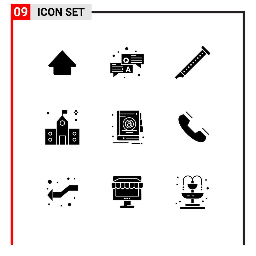 9 tematiska vektor fast glyfer och redigerbar symboler av adress förberedande flöjt utbildning byggnad redigerbar vektor design element