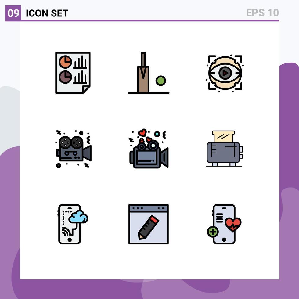 9 fylld linje platt Färg begrepp för webbplatser mobil och appar kärlek filma öga video film redigerbar vektor design element