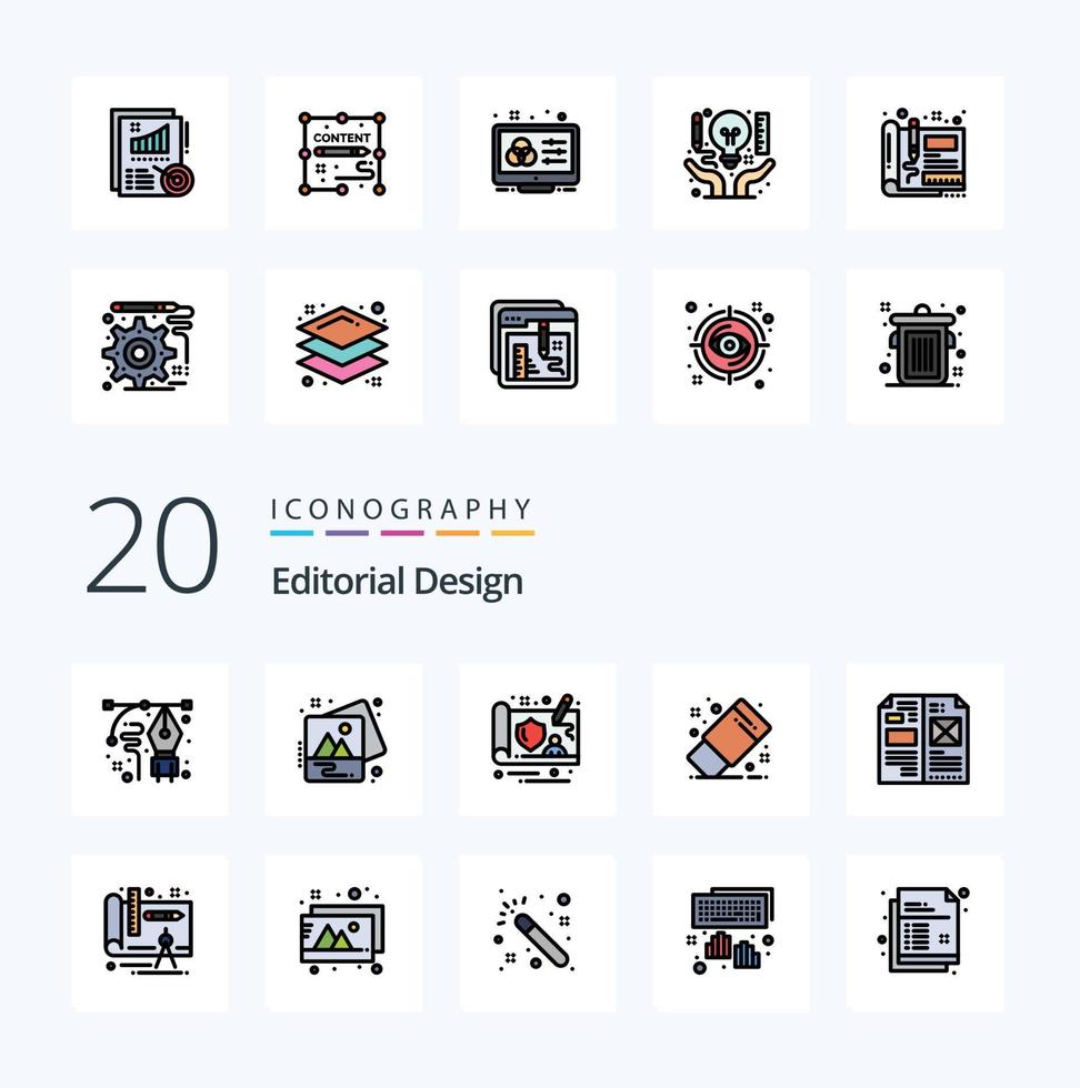 20 Editorial-Design-Linie gefüllte Farbe Icon-Pack wie Design-Tool Art Office Unentschieden vektor