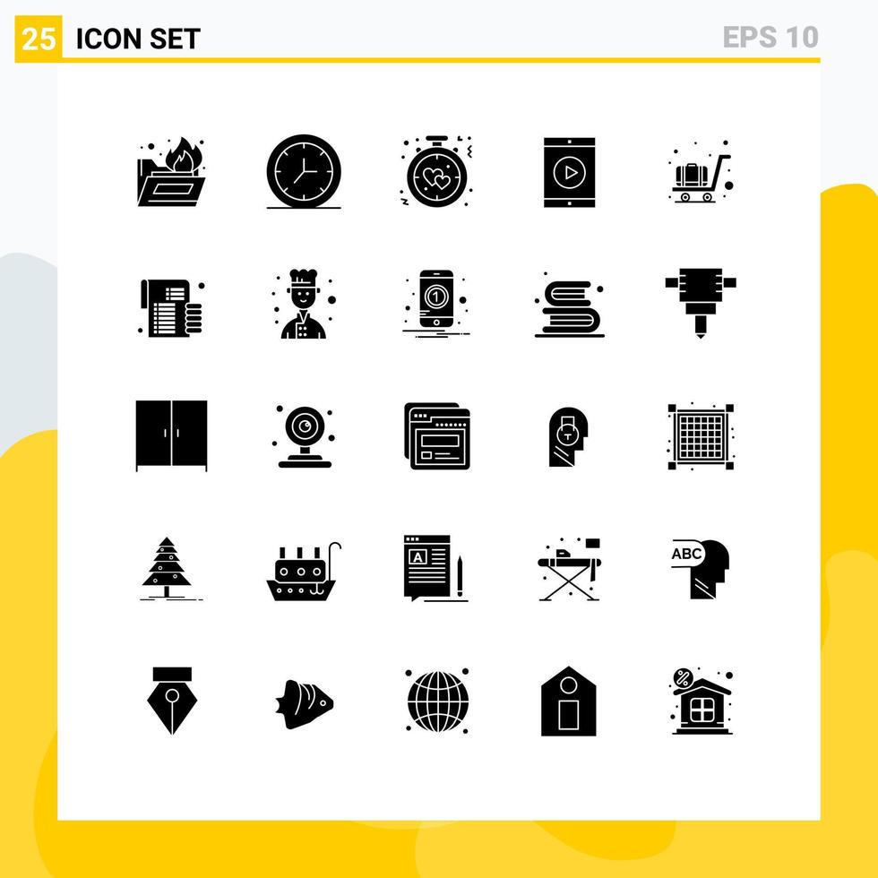 gruppe von 25 soliden glyphen zeichen und symbole für gepäck telefon alarm film iphone editierbare vektordesignelemente vektor