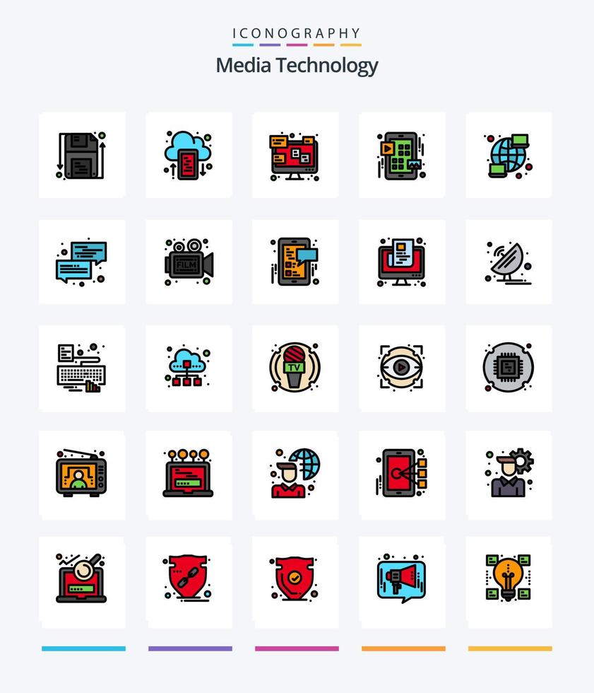 Creative Media Technology 25 Zeilen gefülltes Icon Pack wie Computer. abspielen. Plaudern. ui. Netz vektor