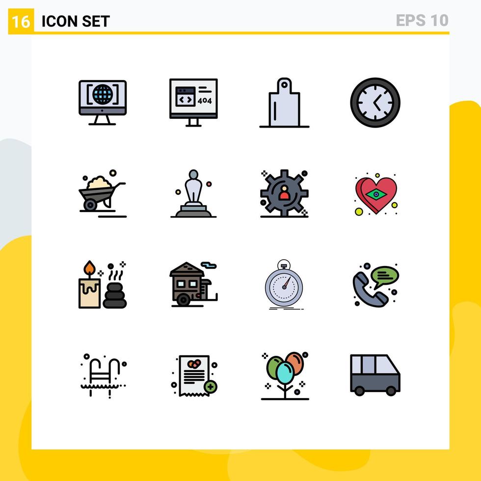 16 flache, farbgefüllte Linienkonzepte für mobile Websites und Apps Schubkarrenwagen Fehler Gartenuhr editierbare kreative Vektordesign-Elemente vektor