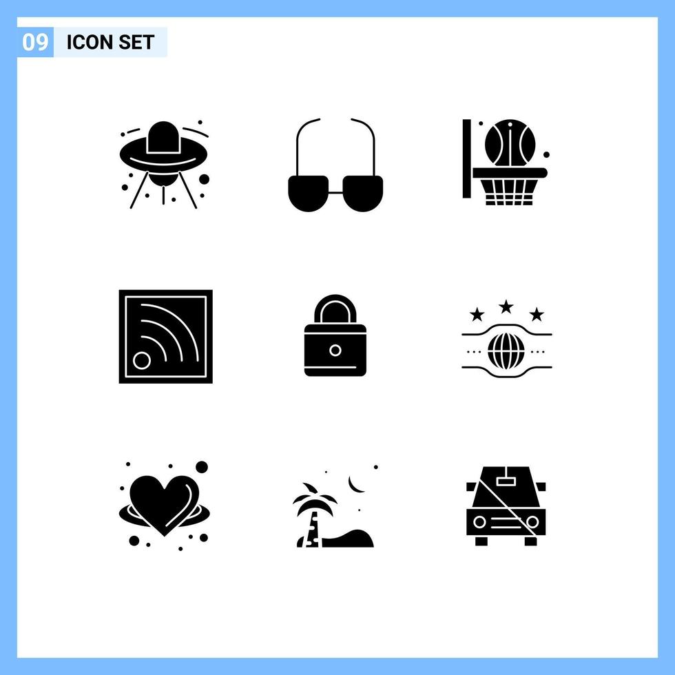 9 universelle solide Glyphen für Web- und mobile Anwendungen setzen sich für Sicherheitsnetze ein, die WLAN-bearbeitbare Vektordesign-Elemente sperren vektor