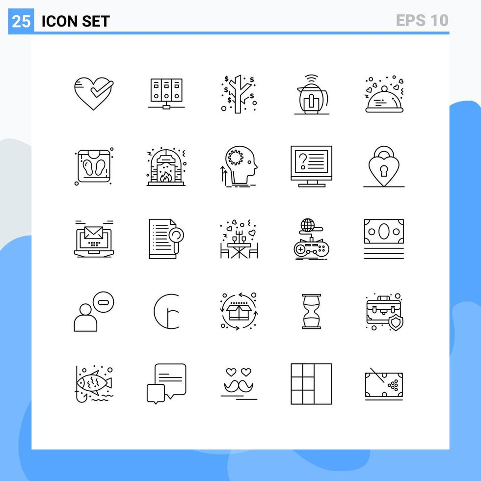 mobile schnittstellenlinie satz von 25 piktogrammen von lebensmitteltechnologie-datenbankservice tee editierbare vektordesignelemente vektor