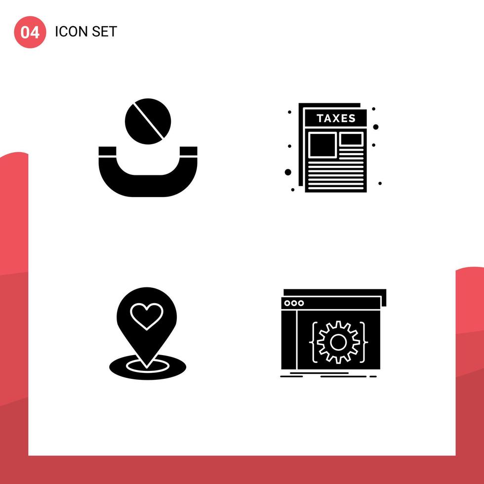 Gruppe von 4 modernen soliden Glyphen, die für Anrufstandort-Finder-Dokumentsteuern Herz editierbare Vektordesign-Elemente festgelegt werden vektor