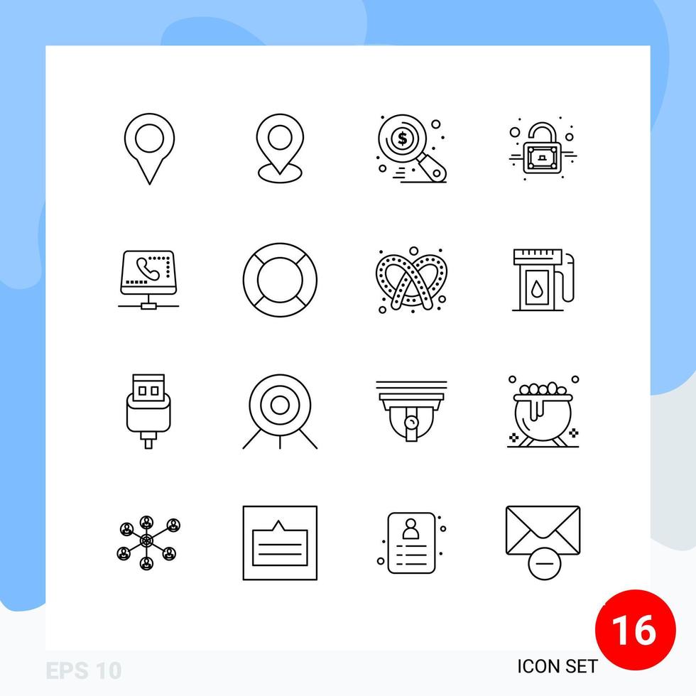 packa av 16 modern konturer tecken och symboler för webb skriva ut media sådan som grundläggande datoranvändning låsa uppkopplad telefonlur redigerbar vektor design element