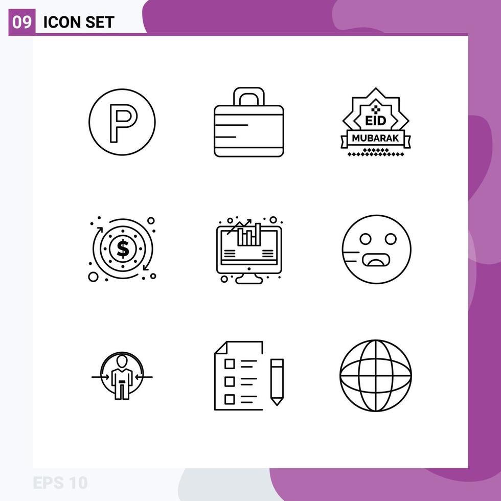 Bearbeitbares Vektorlinienpaket mit 9 einfachen Umrissen von Emojis-Analytik-Stempelanalysen Business-bearbeitbare Vektordesign-Elemente vektor