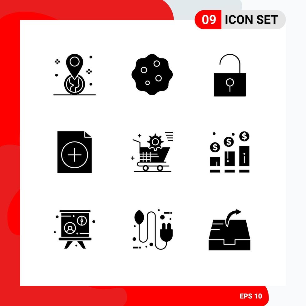 9 thematische Vektor-Solid-Glyphen und bearbeitbare Symbole von Online-Einkaufswagen-Dokumenten für bearbeitbare Vektordesign-Elemente vektor
