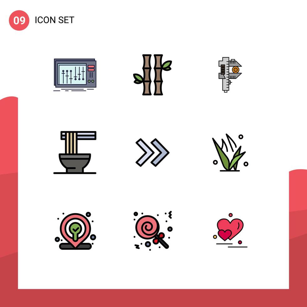gruppe von 9 gefüllten flachen farben zeichen und symbole für nudeln chinesische blätter winzige maße editierbare vektordesignelemente vektor