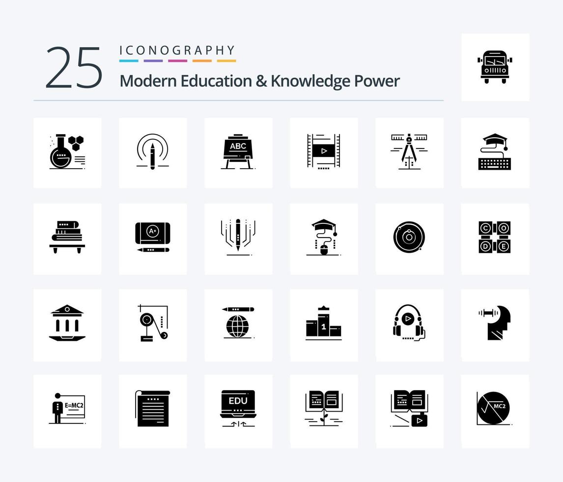 Moderne Bildung und Wissenskraft 25 solides Glyphen-Icon-Pack einschließlich Geometrie. Bildung. lernen. Film . Video vektor