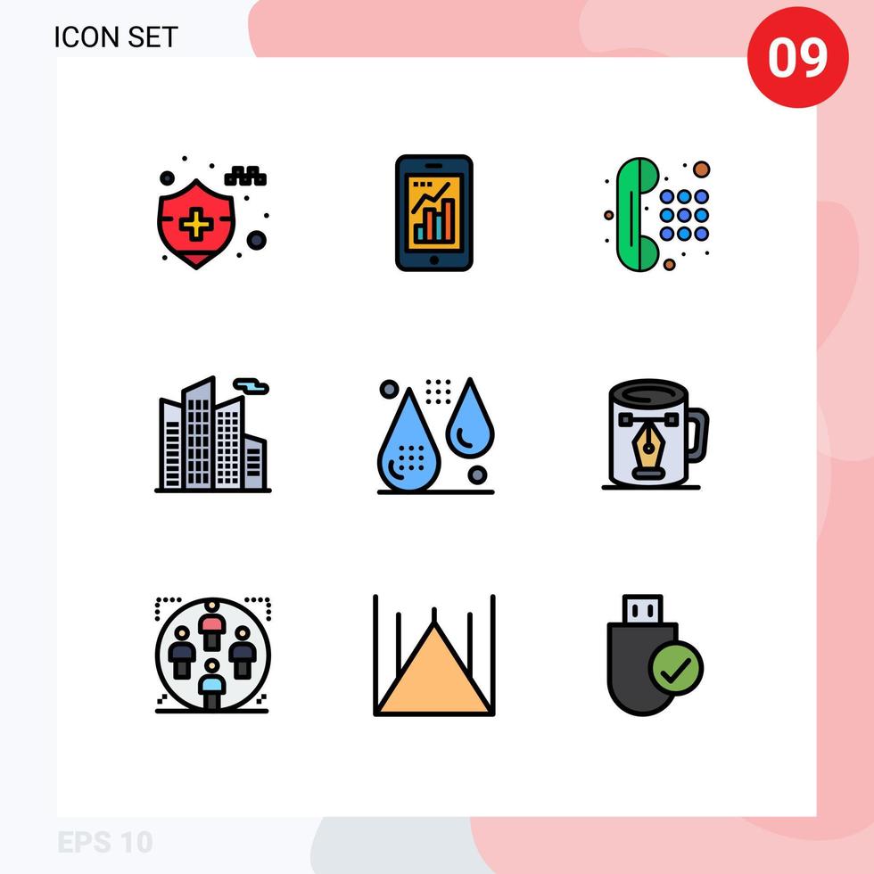 piktogram uppsättning av 9 enkel fylld linje platt färger av droppar blod kommunikation skyskrapa byggnad redigerbar vektor design element