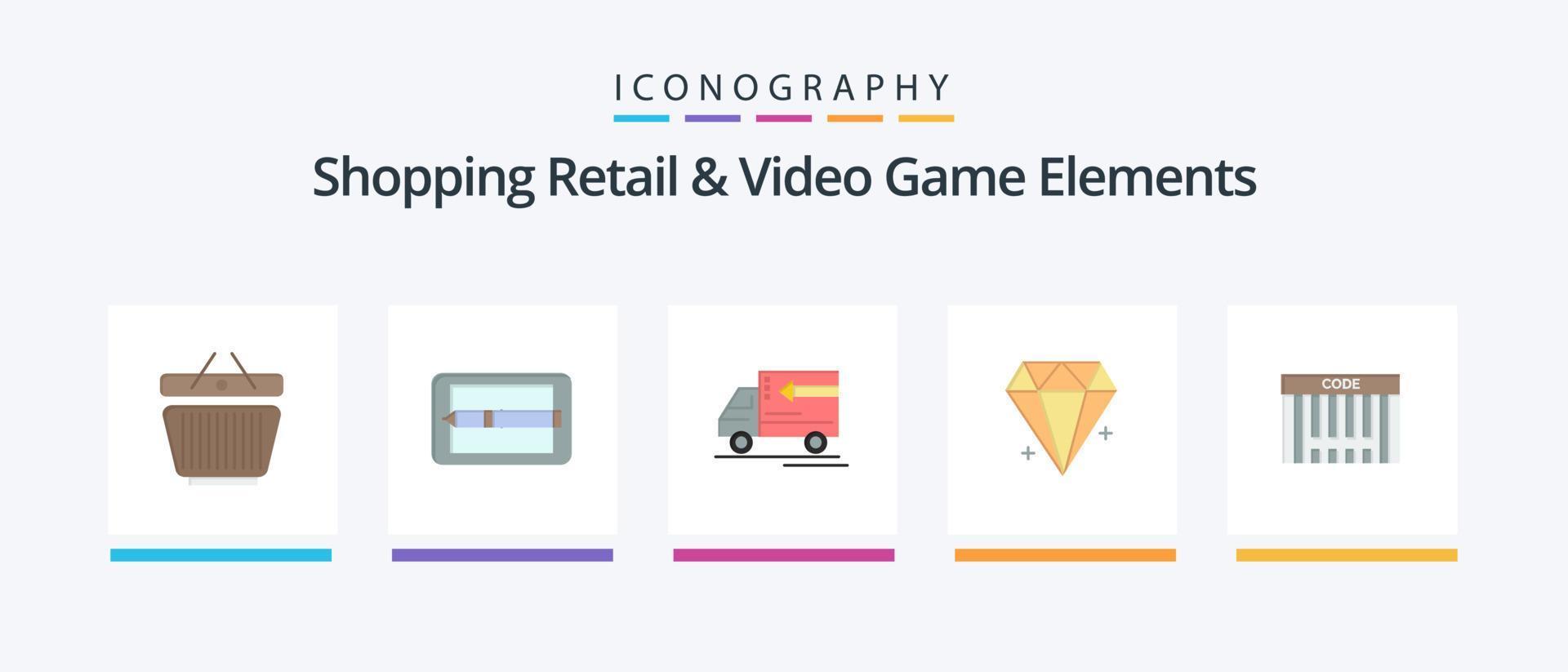 Einkaufen von Einzelhandels- und Videospielelementen Flat 5 Icon Pack inklusive Barcode. Juwel. LKW . Schmuck. Diamant. kreatives Symboldesign vektor
