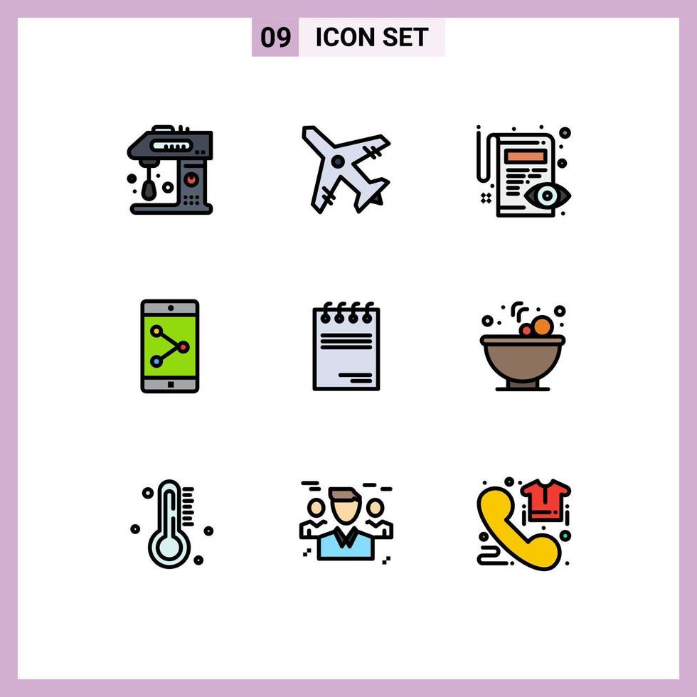 uppsättning av 9 kommersiell fylld linje platt färger packa för papper anteckningsblock dokumentera mobil Ansökan app dela med sig redigerbar vektor design element