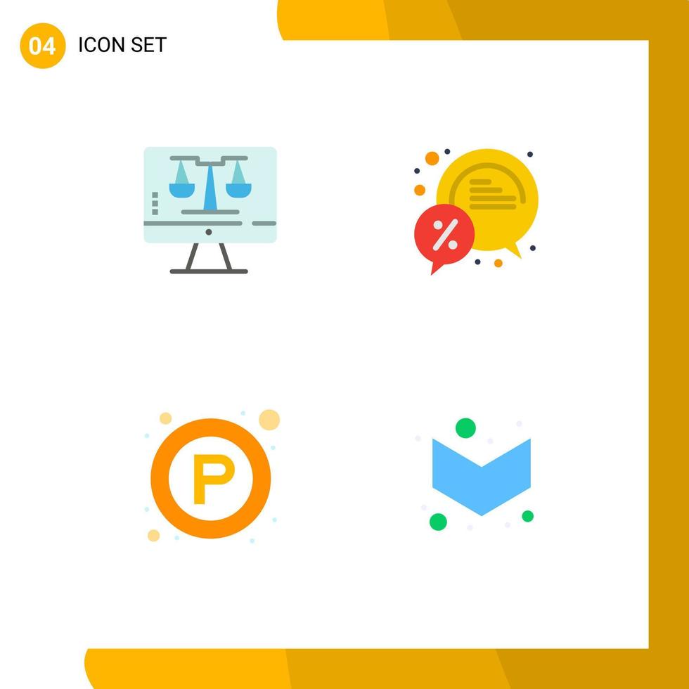 moderner Satz von 4 flachen Symbolen und Symbolen wie digitales Gesetz Online-Parkbildschirm-Rabatt öffentlich bearbeitbare Vektordesign-Elemente vektor