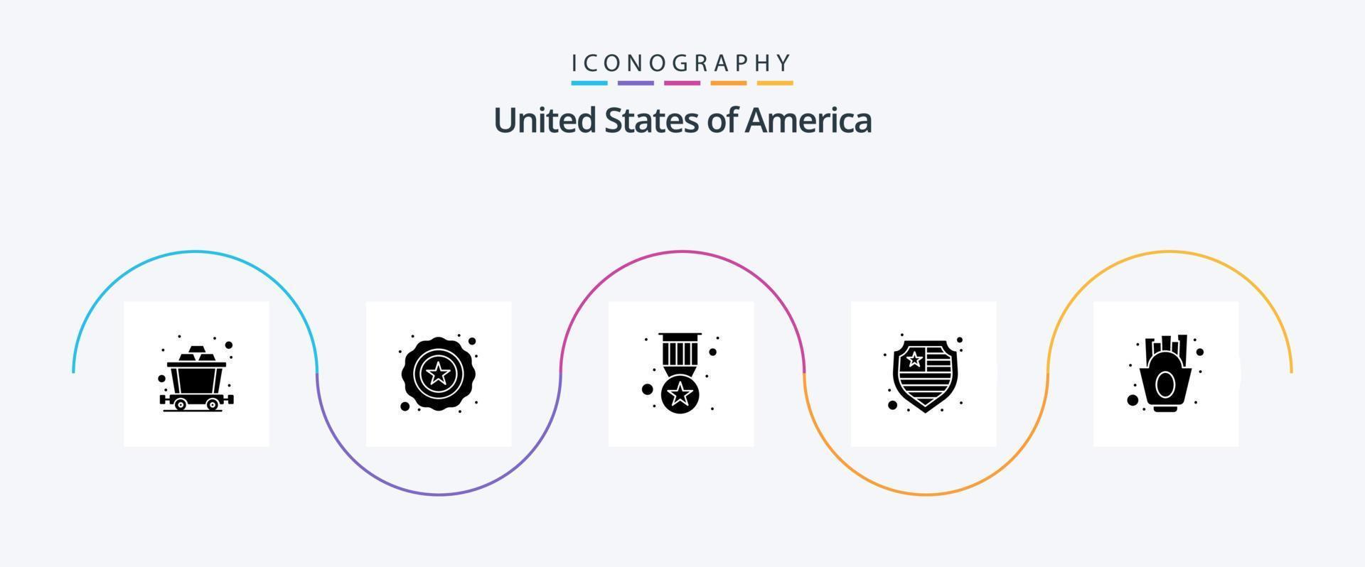 USA glyf 5 ikon packa Inklusive . pommes frites. medalj. franska pommes frites. skydda vektor