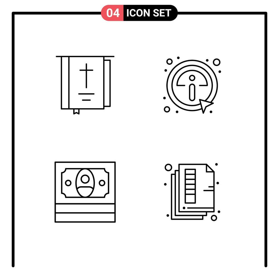 Packung mit 4 kreativen, gefüllten, flachen Farben der Bibel, Bargeld, Religion, Details, Geld, editierbare Vektordesign-Elemente vektor