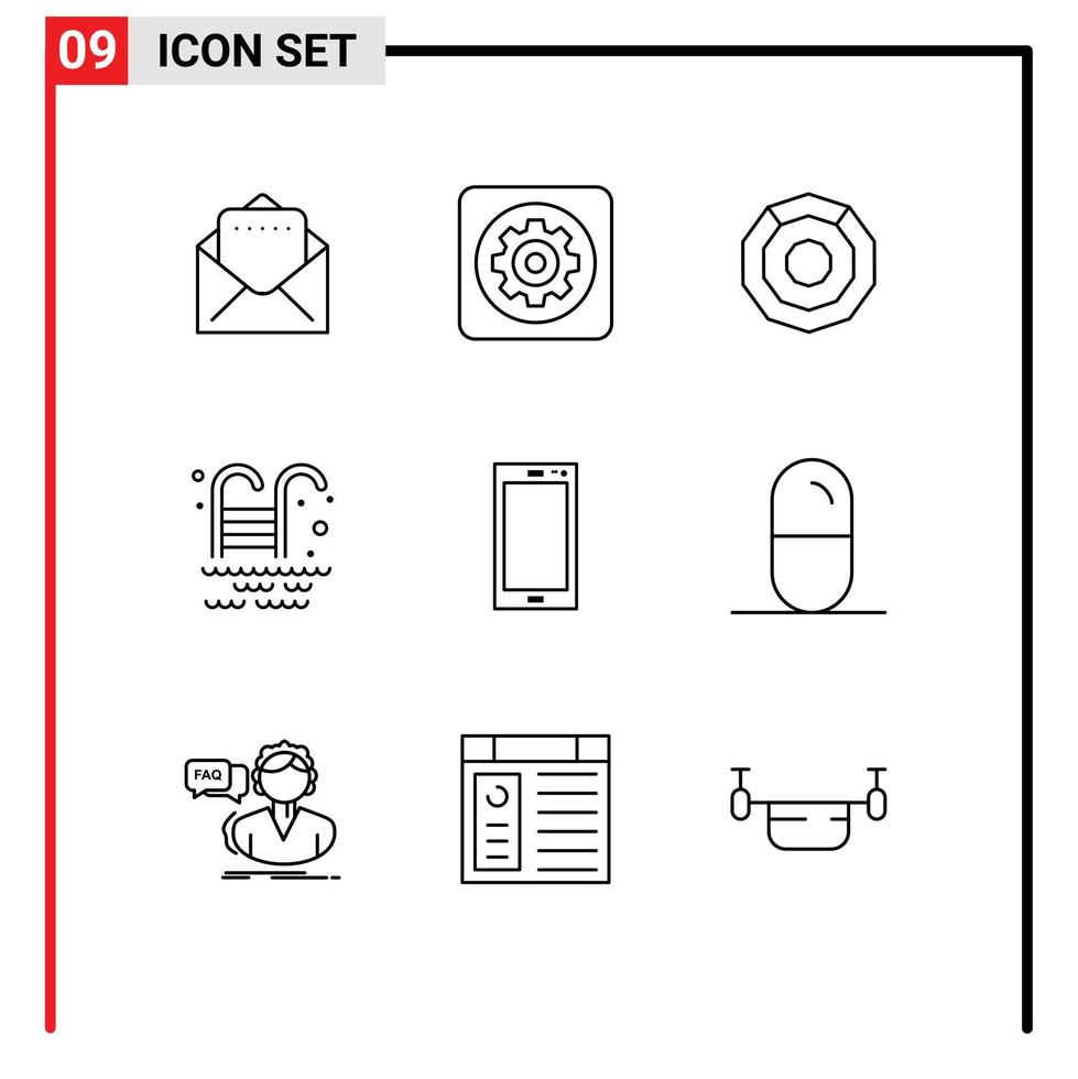 piktogram uppsättning av 9 enkel konturer av android smart telefon mynt telefon vatten redigerbar vektor design element