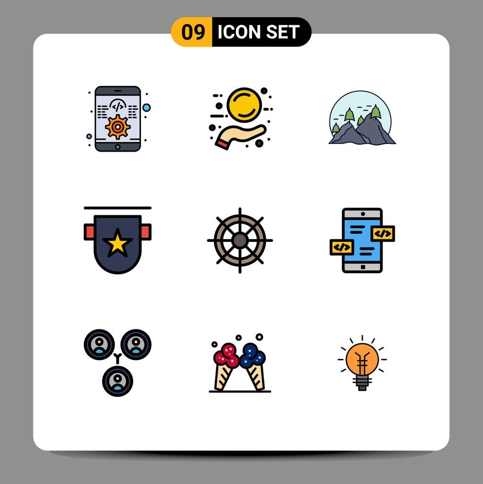9 universelle Fillline-Flachfarben für Web- und mobile Anwendungen Stempelabzeichen Hügelabzeichen Sonne editierbare Vektordesign-Elemente vektor