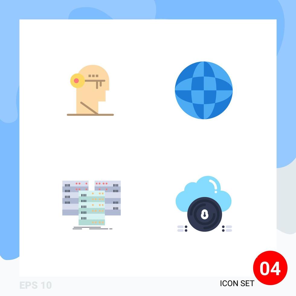 uppsättning av 4 vektor platt ikoner på rutnät för hjärna Centrum sinne klot data redigerbar vektor design element