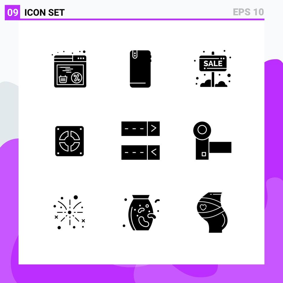 9 fast glyf begrepp för webbplatser mobil och appar VVS mekanisk tillbaka extraktor försäljning styrelse redigerbar vektor design element