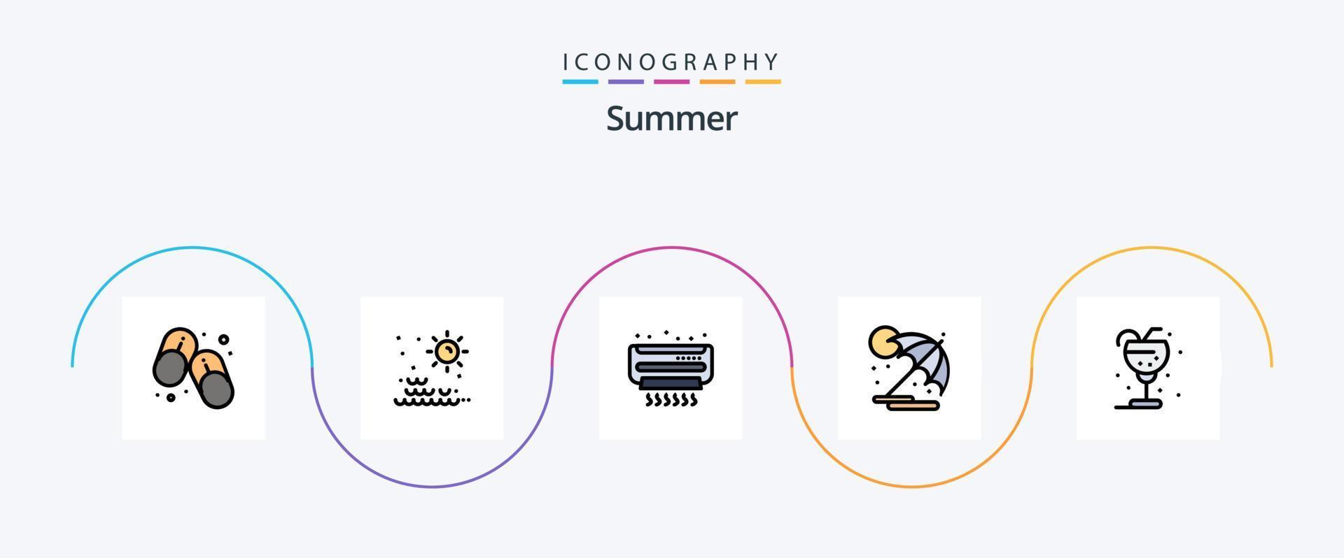 Sommerlinie gefülltes flaches 5-Icon-Paket inklusive Getränk. Urlaub. ac. Regenschirm. Sommer vektor