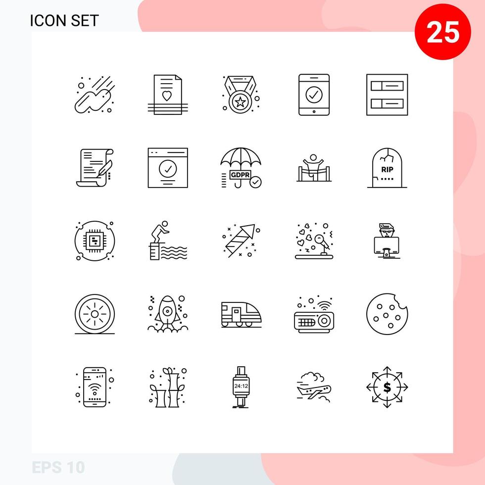 satz von 25 modernen ui-symbolen symbole zeichen für vereinbarung raster leistungskonten vollständig bearbeitbare vektordesignelemente vektor