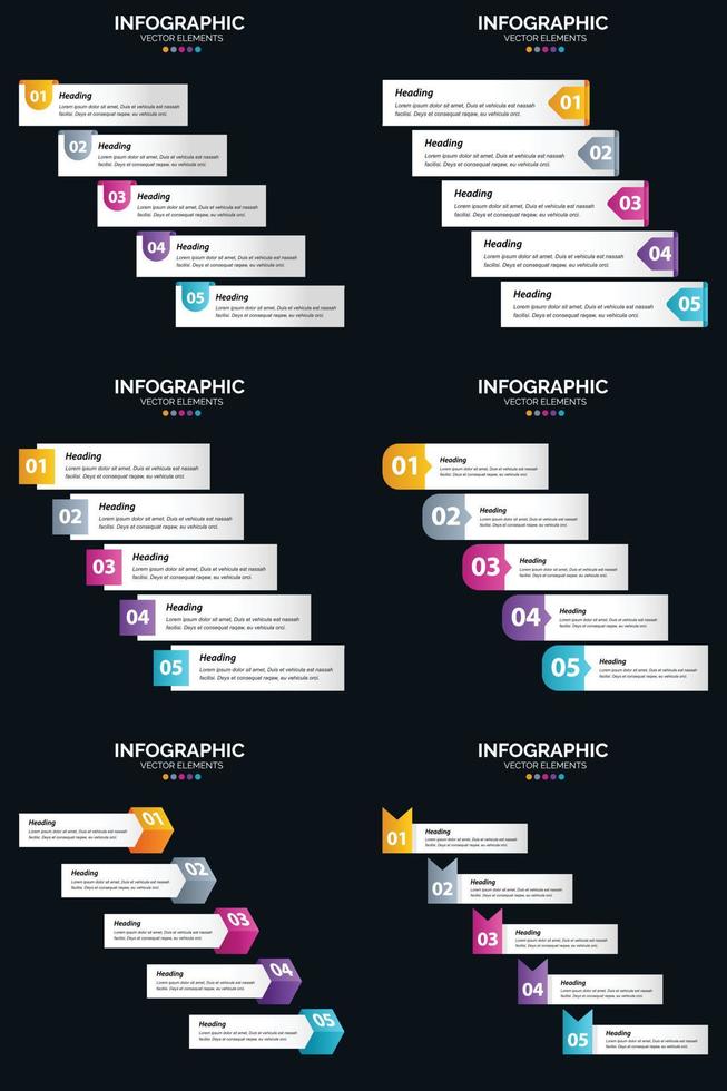 Vektor 6 Infografiken Pack Präsentationsfolie Vorlage 5 Schritte Zyklusdiagramme und Zeitleisten