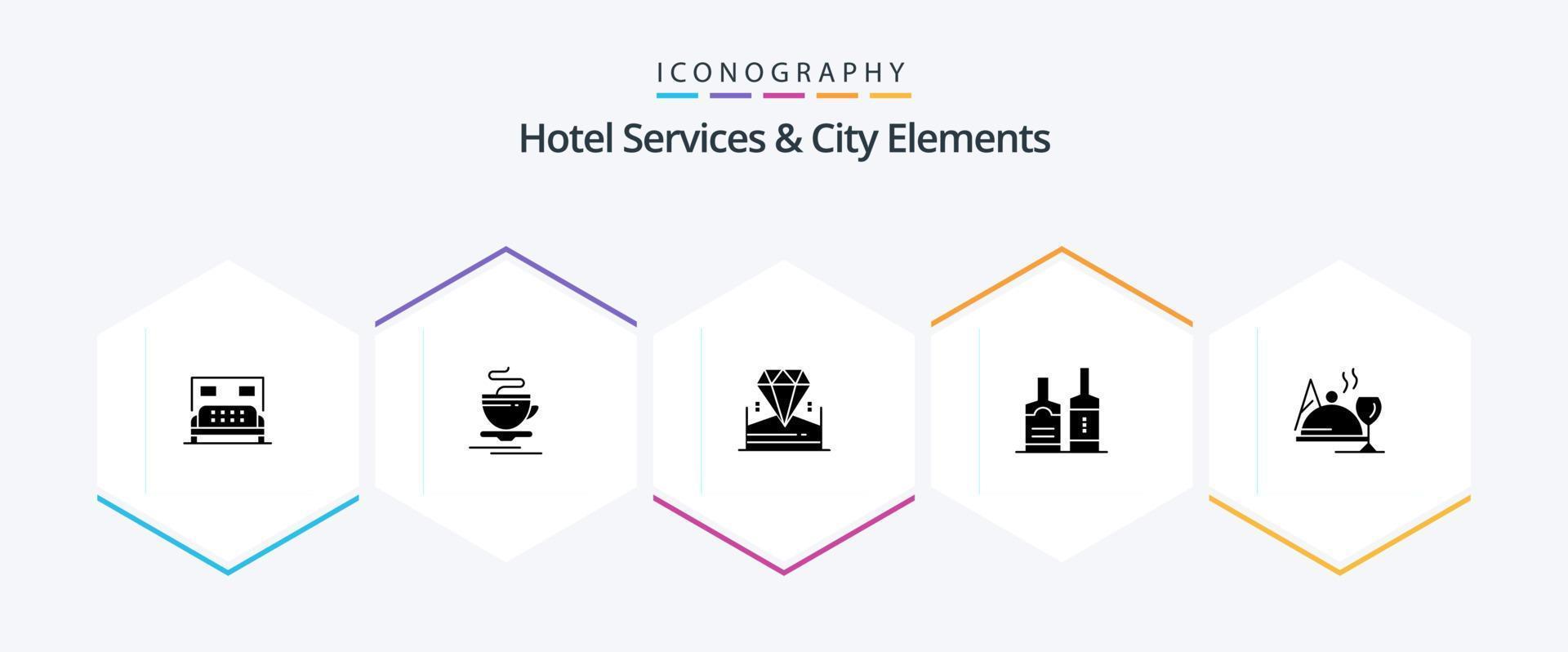 Hotelservices und Stadtelemente 25 Glyphen-Icon-Pack inklusive Gericht. Flaschen. brillant. Flasche Alkohol vektor