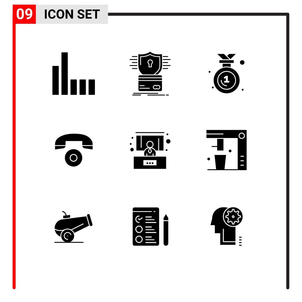 moderner Satz von 9 soliden Glyphen-Piktogrammen von bearbeitbaren Vektordesignelementen für Seminarkonferenzpreise Telefontelefone vektor