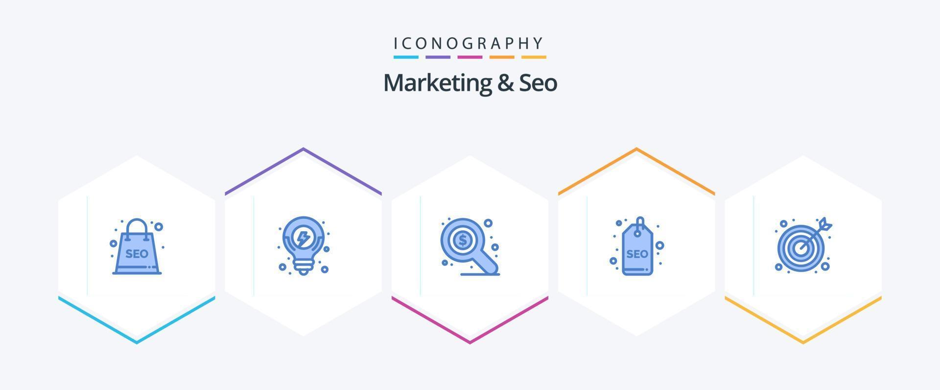 marknadsföring och seo 25 blå ikon packa Inklusive mål. tjurar öga. marknadsföra. märka. seo vektor