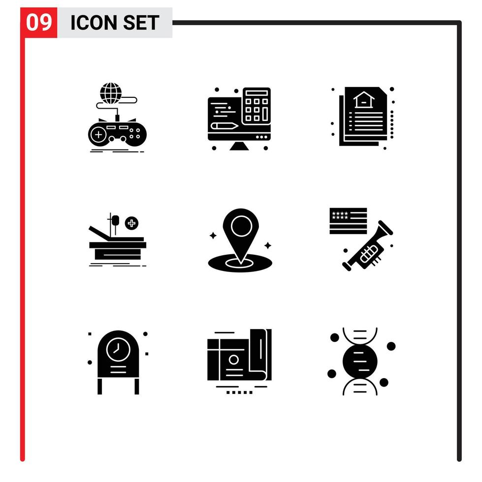 Packung mit 9 kreativen soliden Glyphen der Navigation, Krankenhaustechnologie, medizinischer Betrieb, editierbare Vektordesign-Elemente vektor