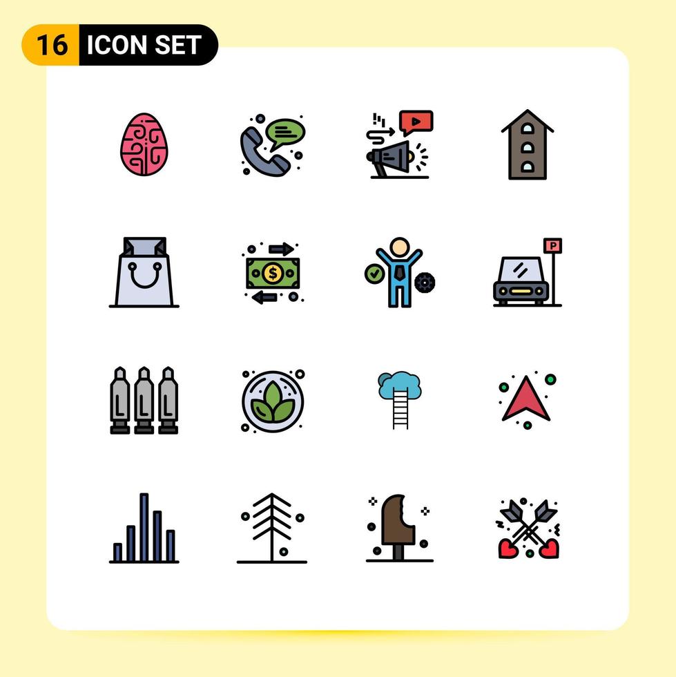 modern uppsättning av 16 platt Färg fylld rader pictograph av väska butiker reklam affär främre byggnader redigerbar kreativ vektor design element